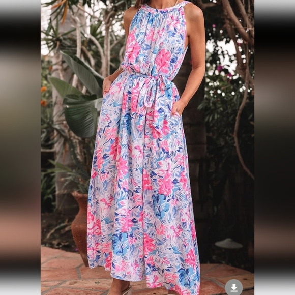 Floral Printed Sleeveless O Neck Knot Waist Dress - Picture 1 of 4